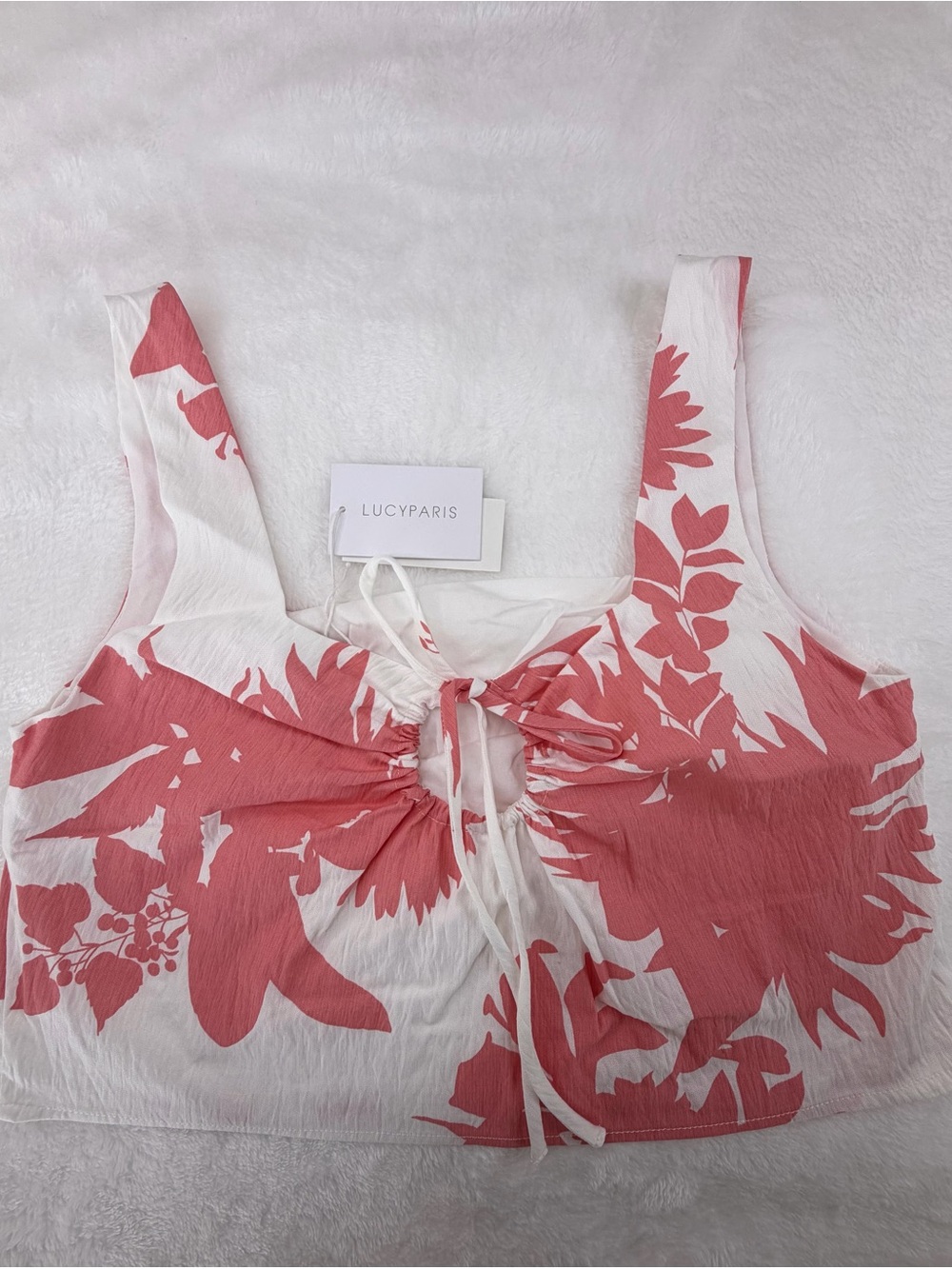 Lucy Paris White and Coral Floral Tie-Front Crop Tank